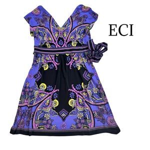 ECI NY purple/black/yellow paisley print tie sheath dress Sz 12 EUC